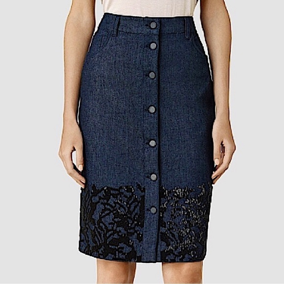 All Saints ALLSAINTS Blue Swyni Denim Hand Beaded Jean Pencil Skirt EUC Size 4 - Picture 1 of 12